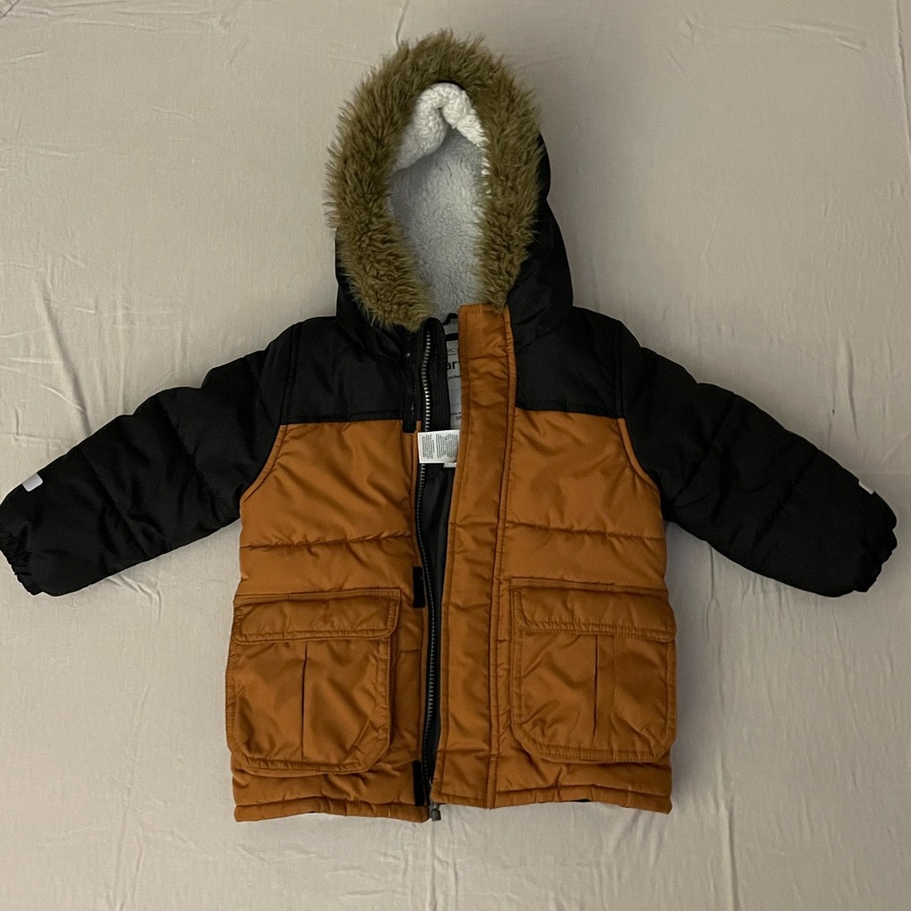 Carter's Winter Coat Toddler Kids Boys 3T Brown Black Faux Fur Trim